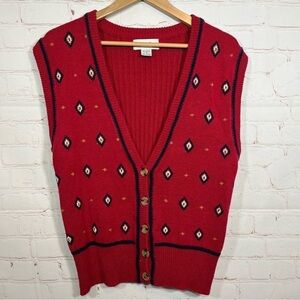 Vintage Allison Smith Sweater Cardigan Vest Womens Medium Red Geometric Buttons